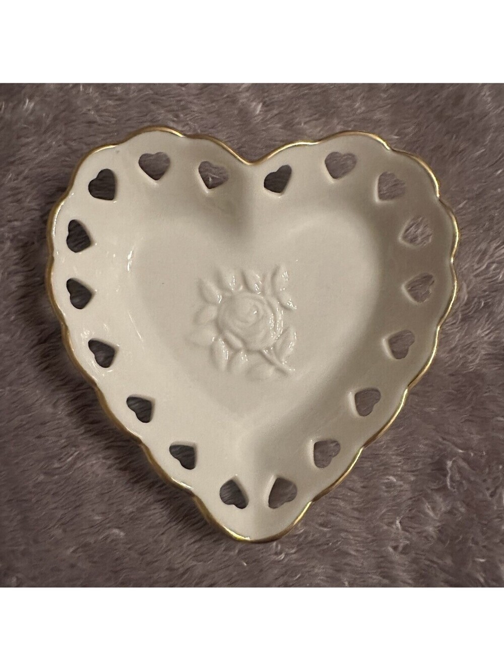 Vintage Lenox Heart-Shaped Porcelain  Dish, Pierced Hearts, Gold Trim 5in 2oz